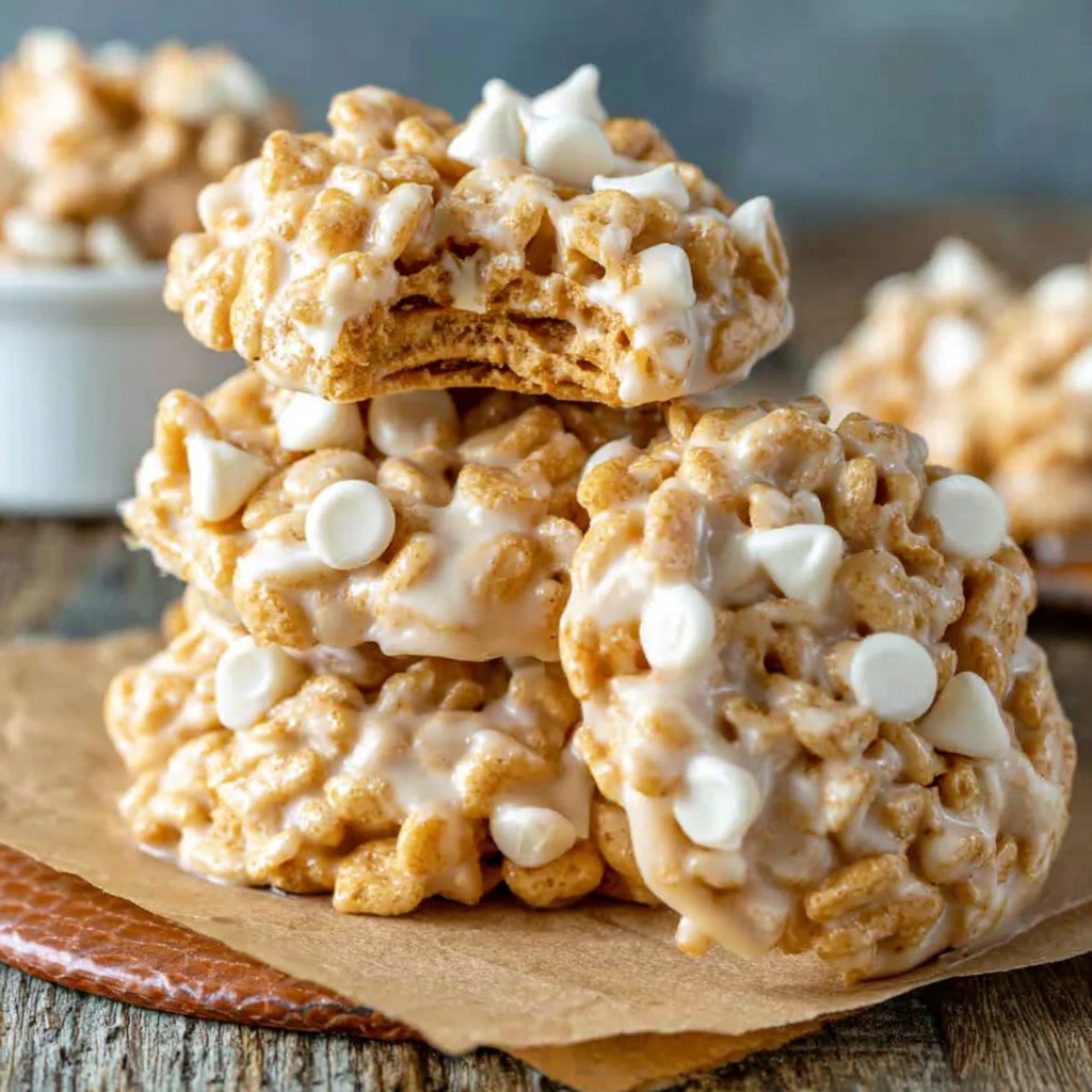 A stack of marshmallows with white chocolate drizzled on top.