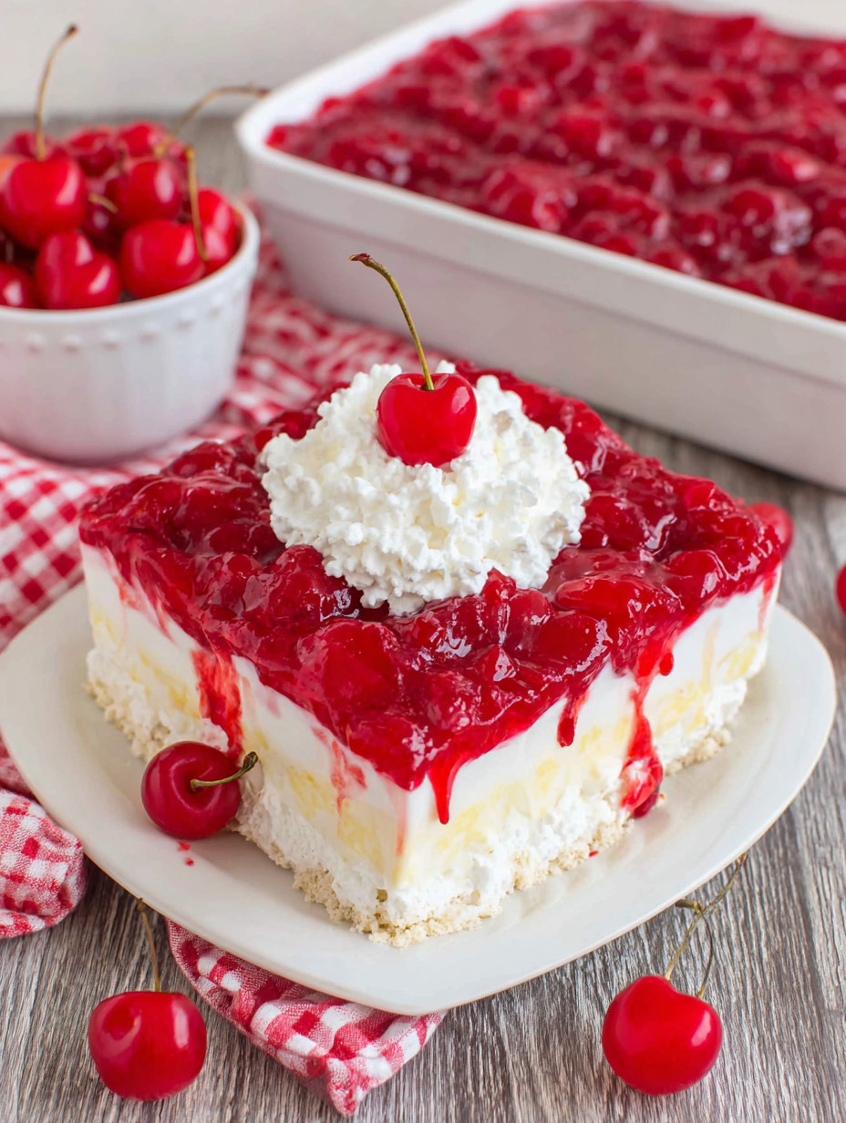 A slice of cake with cherries and whipped cream.
