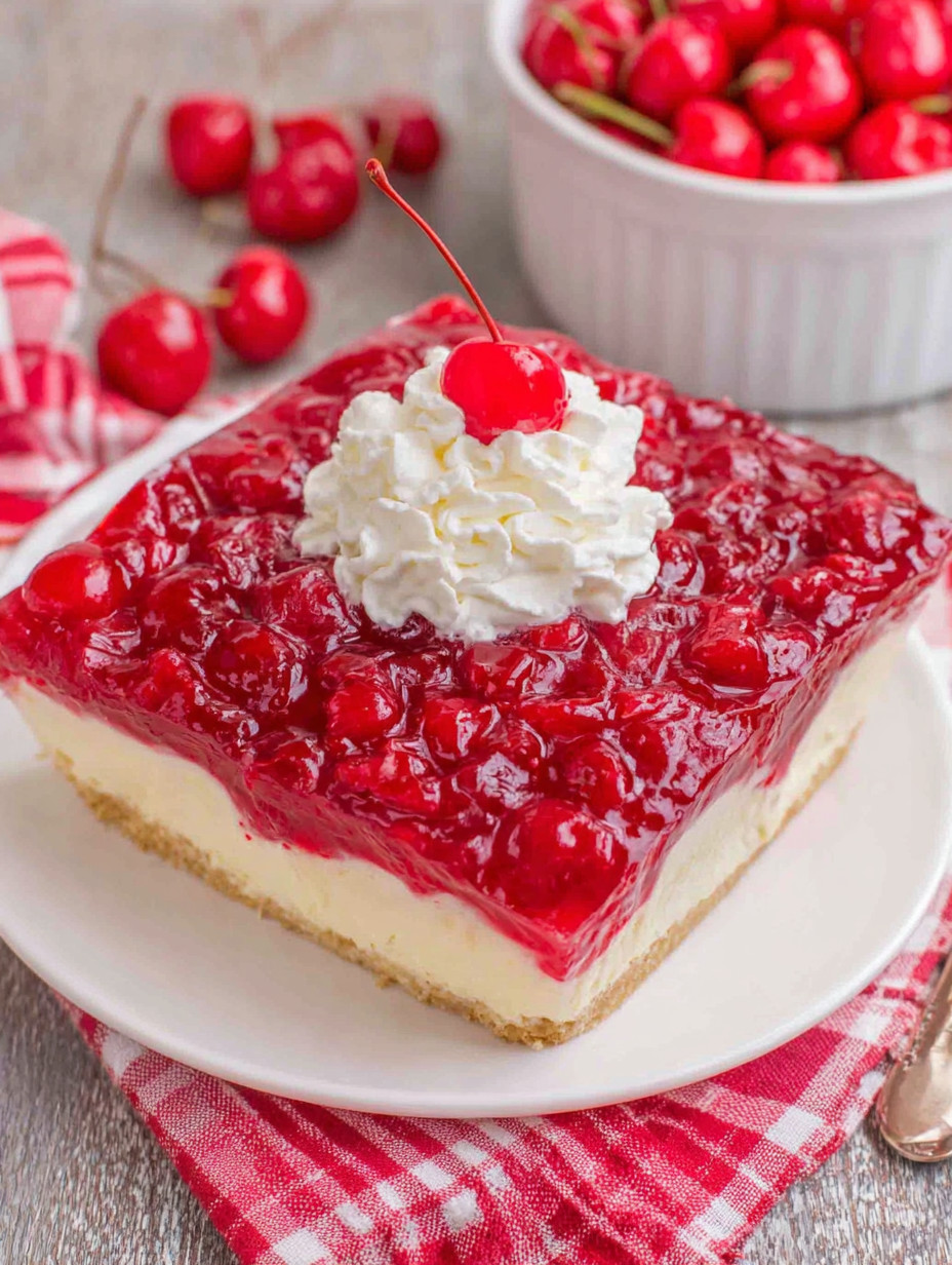 A slice of cheesecake with cherries on top.