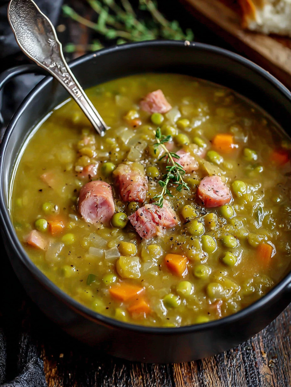 A bowl of soup with a spoon in it.
