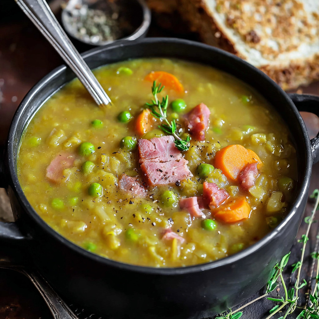 A bowl of soup with peas and ham.