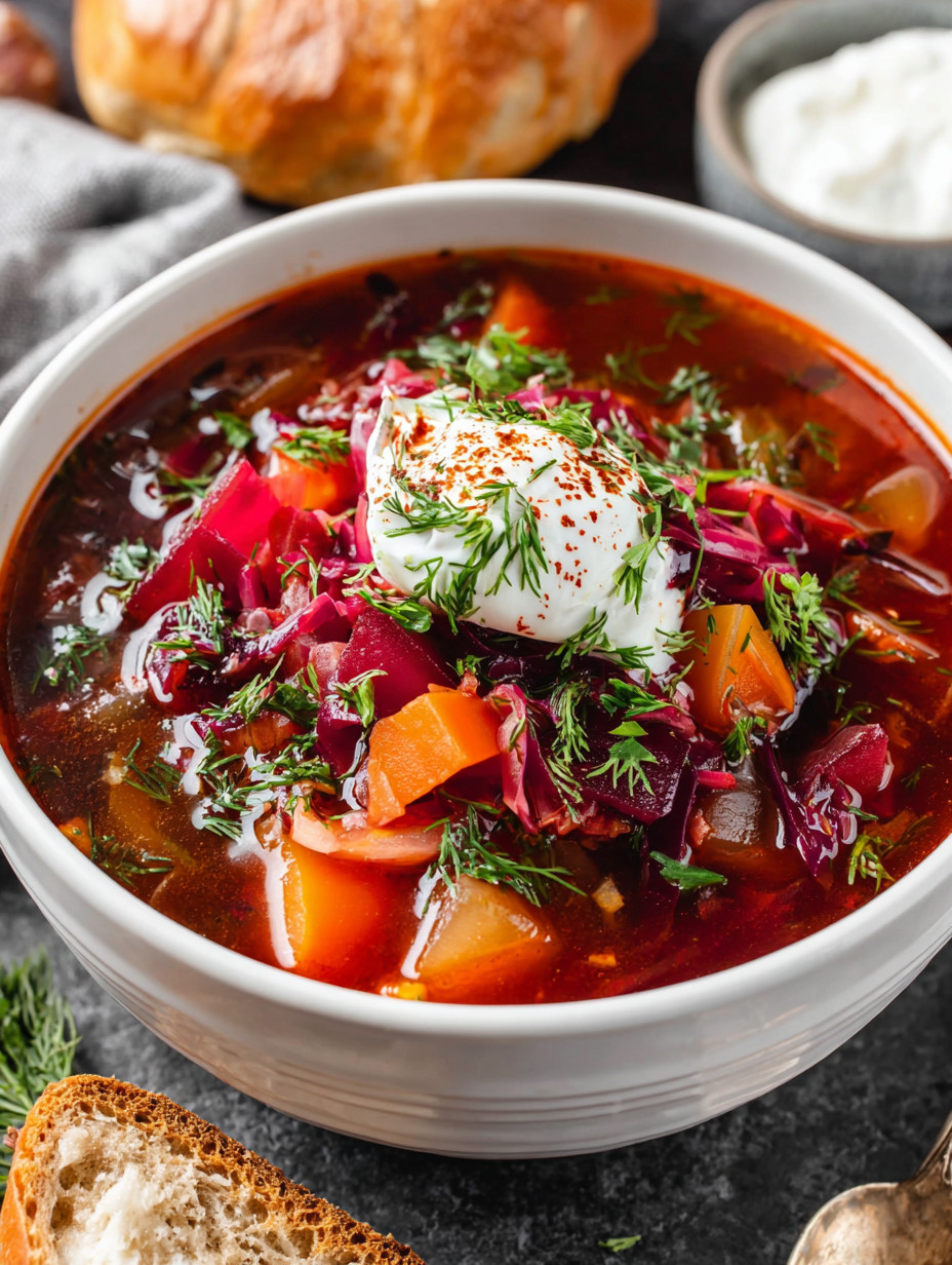 A bowl of soup with a dollop of sour cream on top.