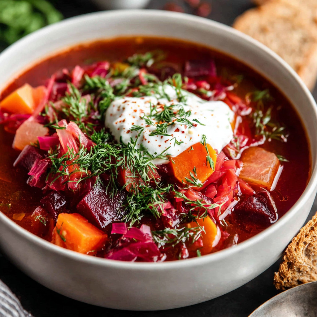 A bowl of soup with a dollop of sour cream on top.
