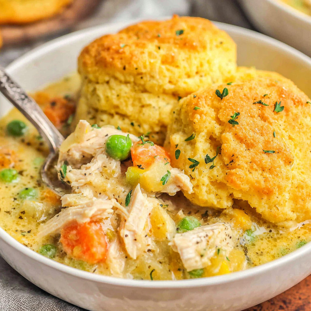 A bowl of soup with biscuits and chicken.