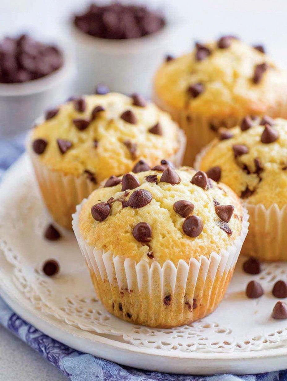 A plate of chocolate chip muffins.
