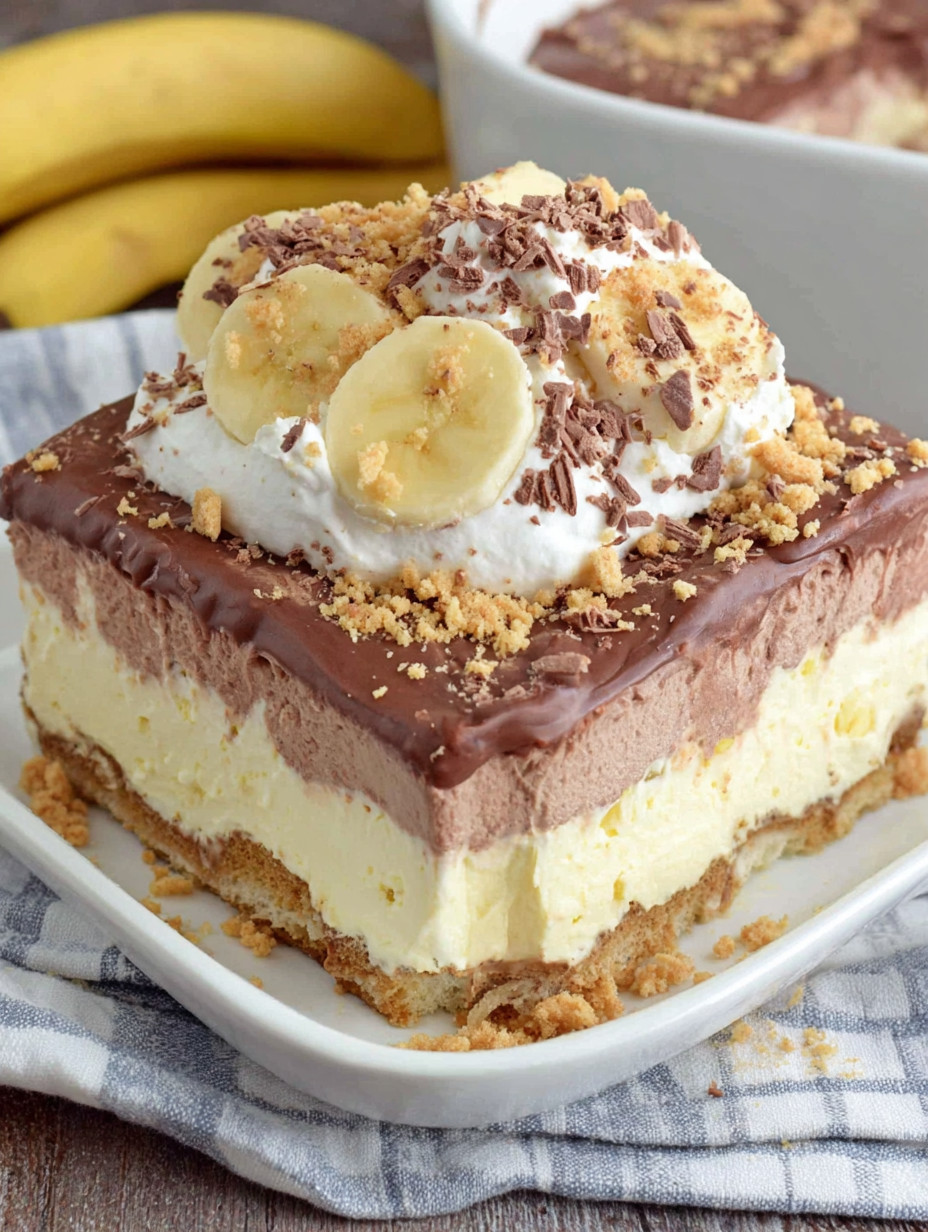 A slice of chocolate cake with bananas and whipped cream.