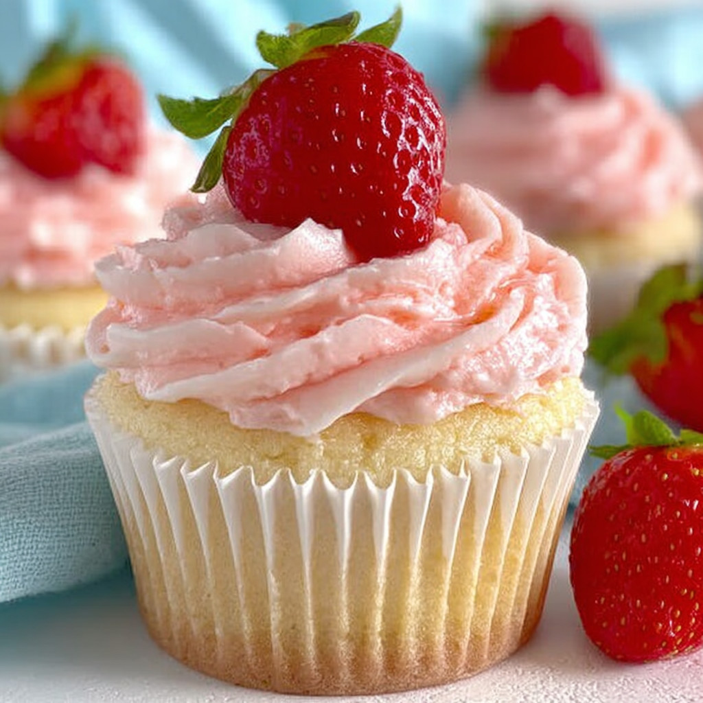 A cupcake with strawberries on top.