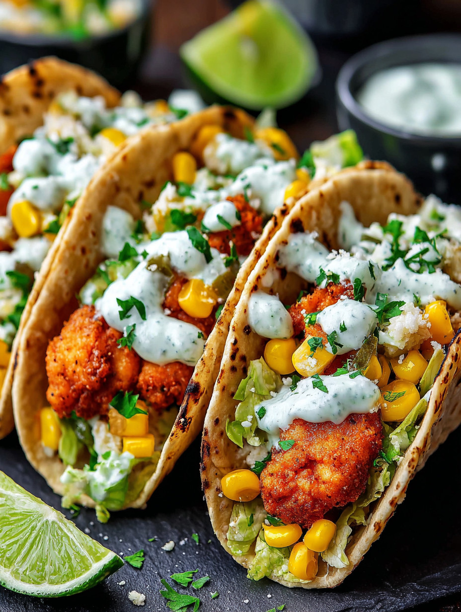 Two tacos with white sauce and corn.