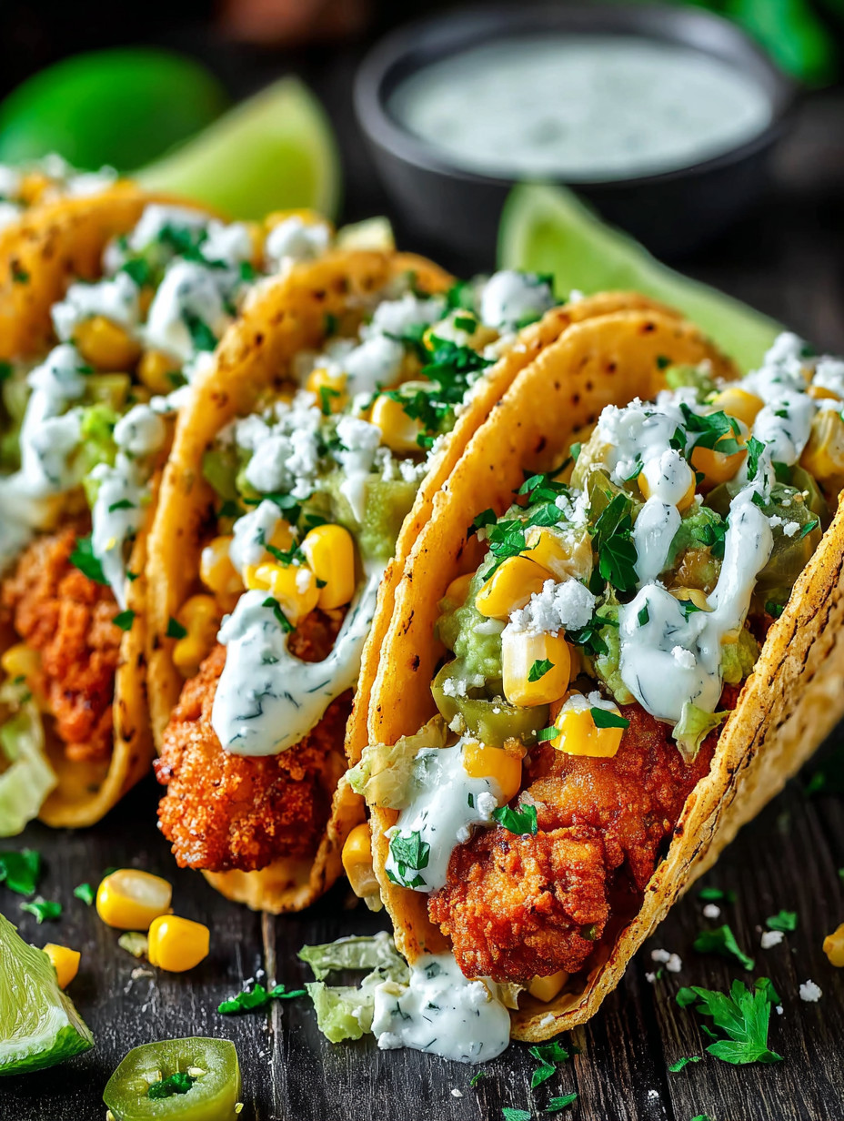A plate of tacos with white sauce.