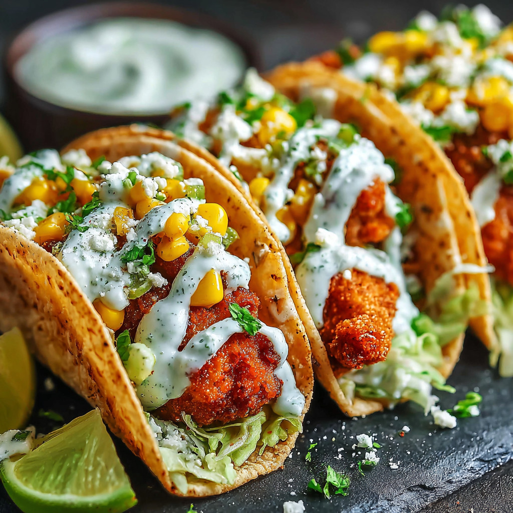 A plate of fish tacos with white sauce.