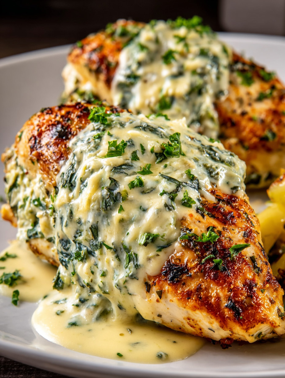 Chicken with sauce and green stuff