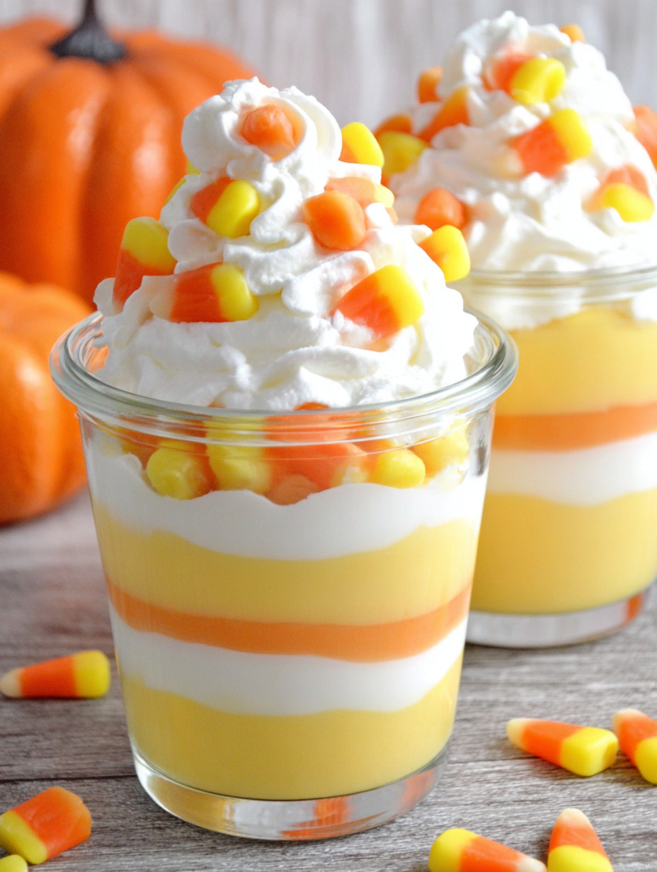 Two glasses of pumpkin and candy corn cream.