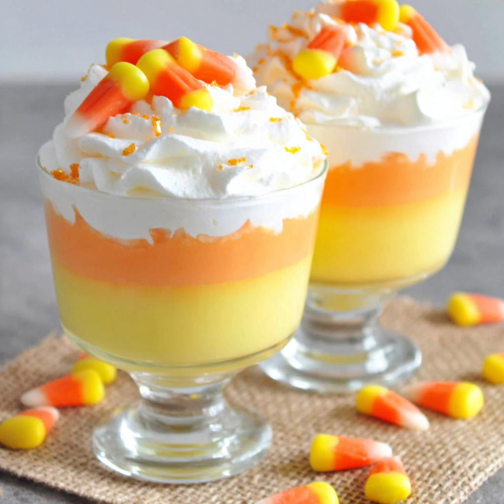 Two glasses of pumpkin and candy corn.