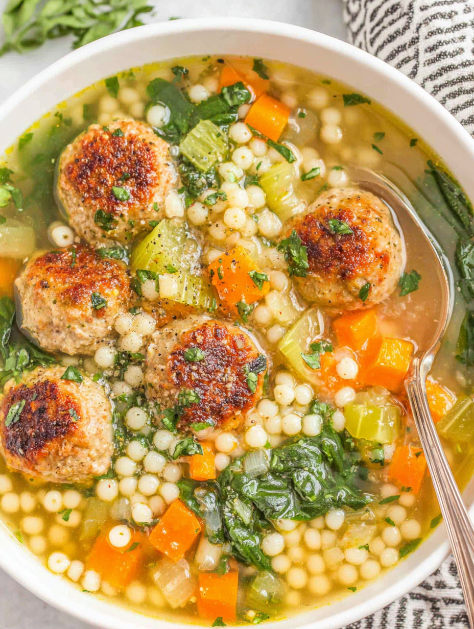A bowl of soup with meatballs and vegetables.