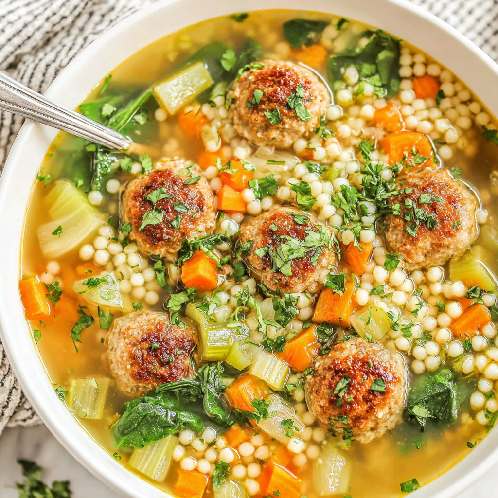 A bowl of soup with meatballs and vegetables.