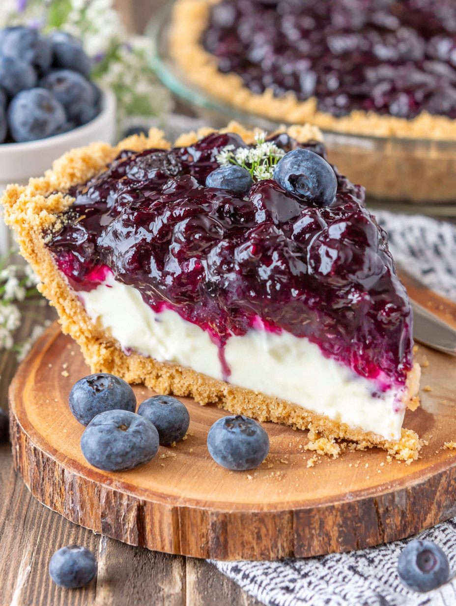 A slice of blueberry pie on a wooden board.