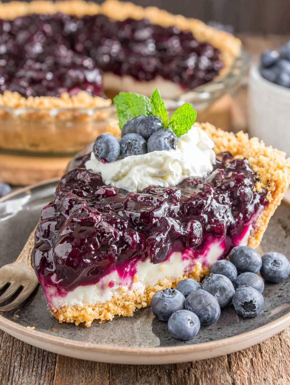 A slice of blueberry cheesecake with a blueberry on top.