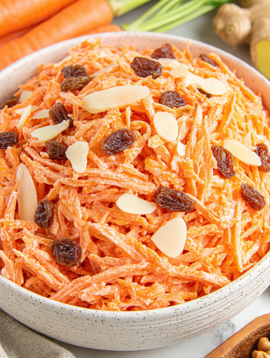 A bowl of shredded carrots with nuts and raisins.