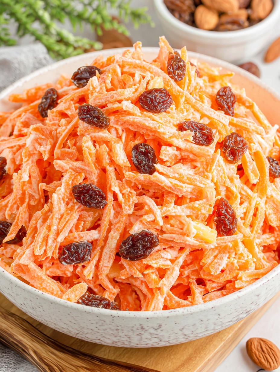 A bowl of shredded carrots with raisins on top.