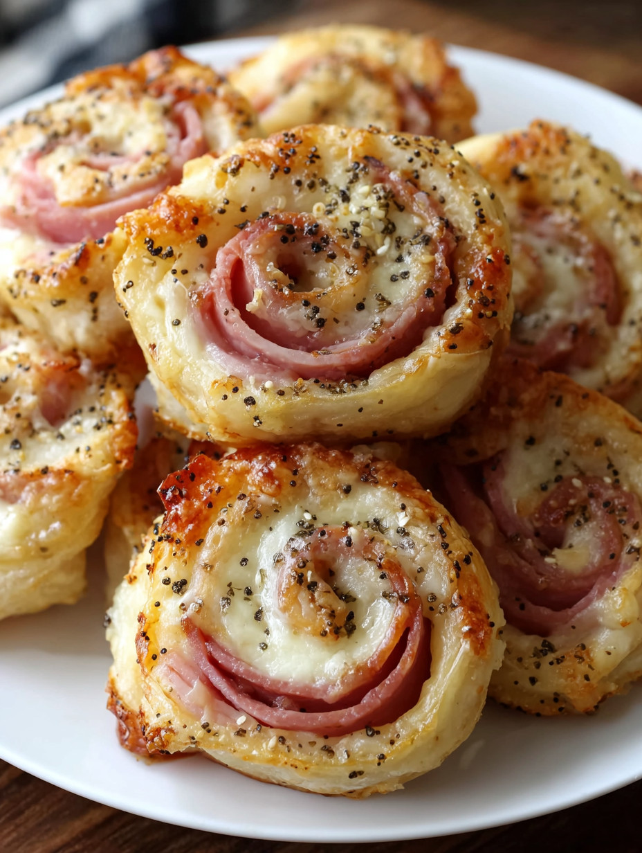 A plate of ham and cheese rolls.