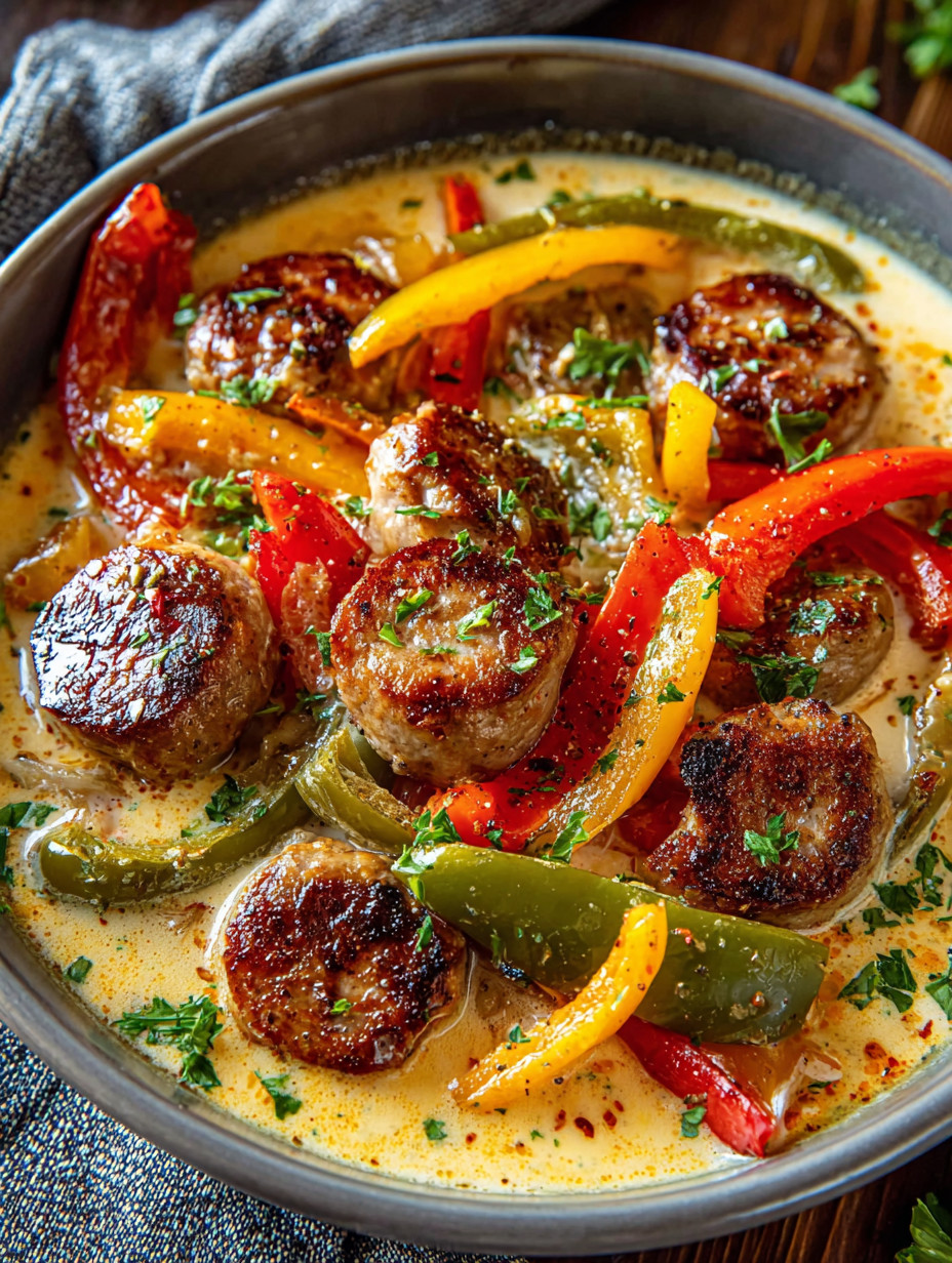A bowl of food with meatballs and peppers.