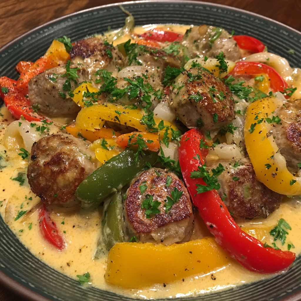 A plate of food with peppers and sausage.