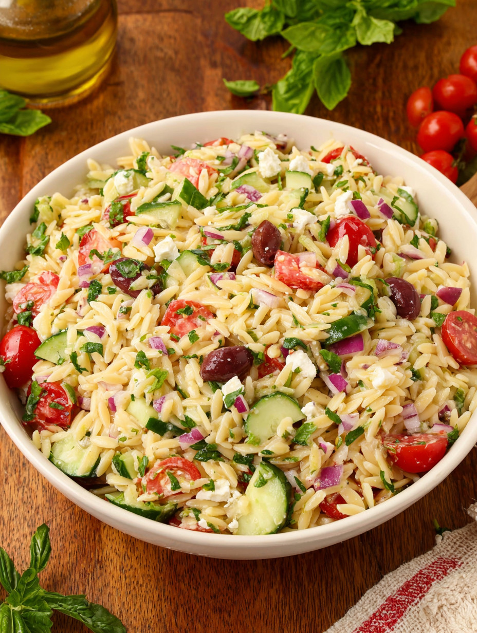 A bowl of pasta salad with tomatoes, cucumbers, and olives.