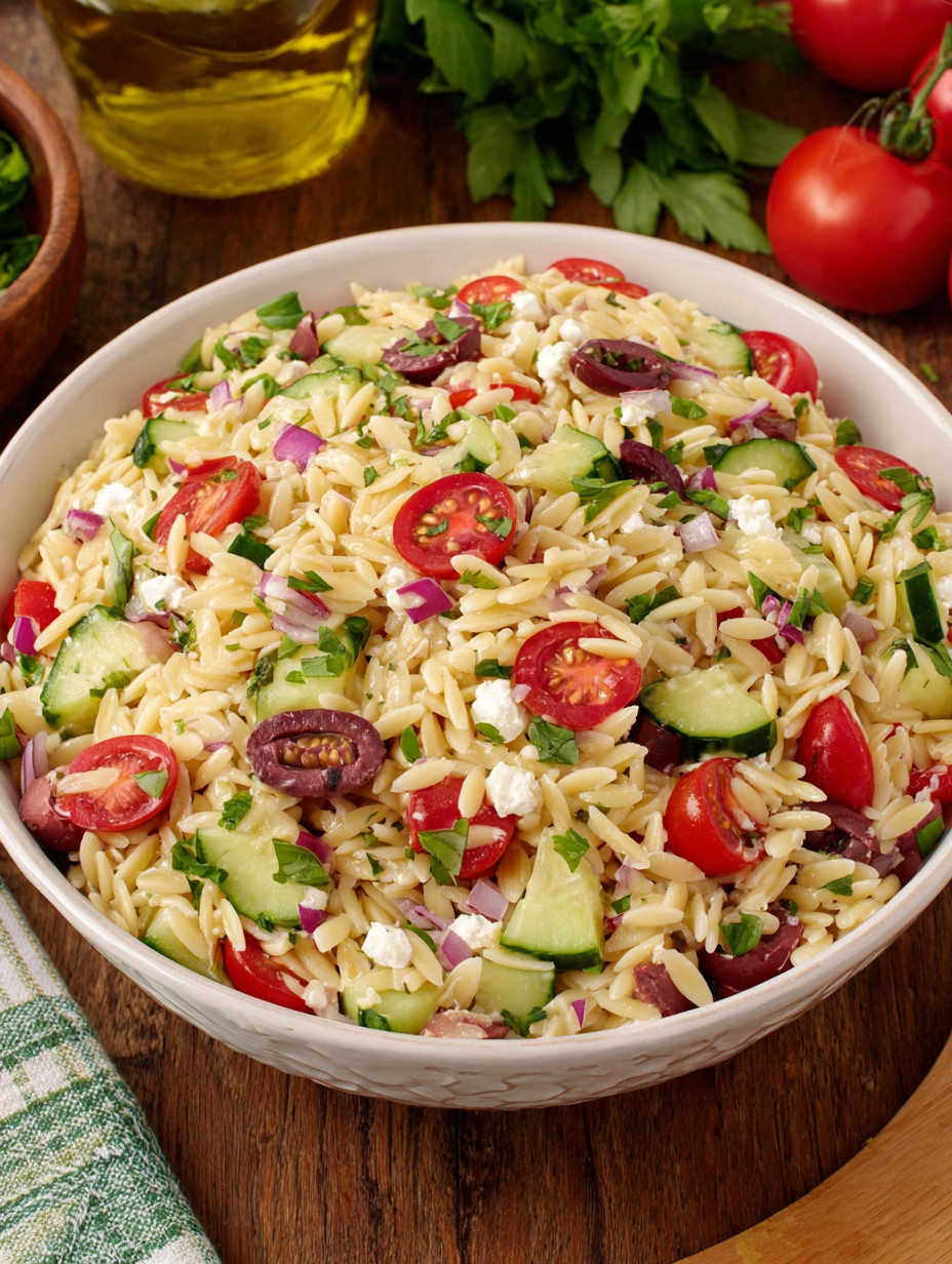 A bowl of pasta salad with tomatoes, cucumbers, and cheese.