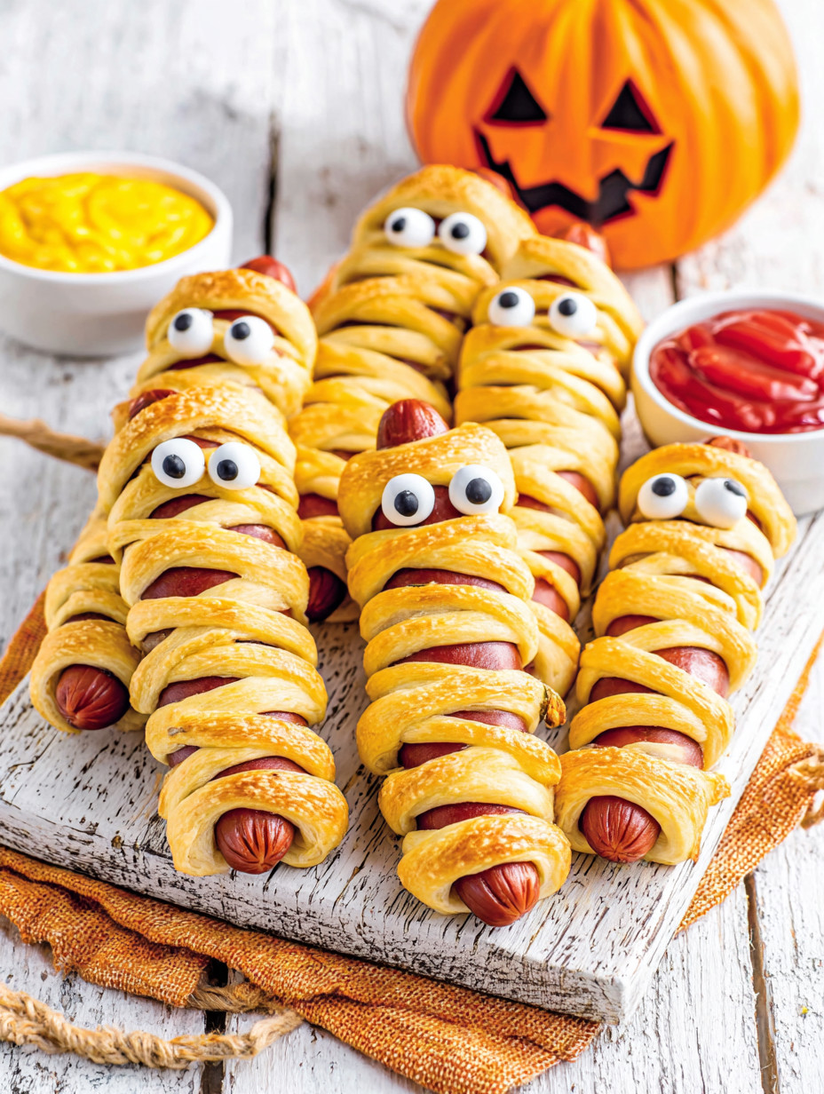 Hot dogs wrapped in dough and placed on a table.