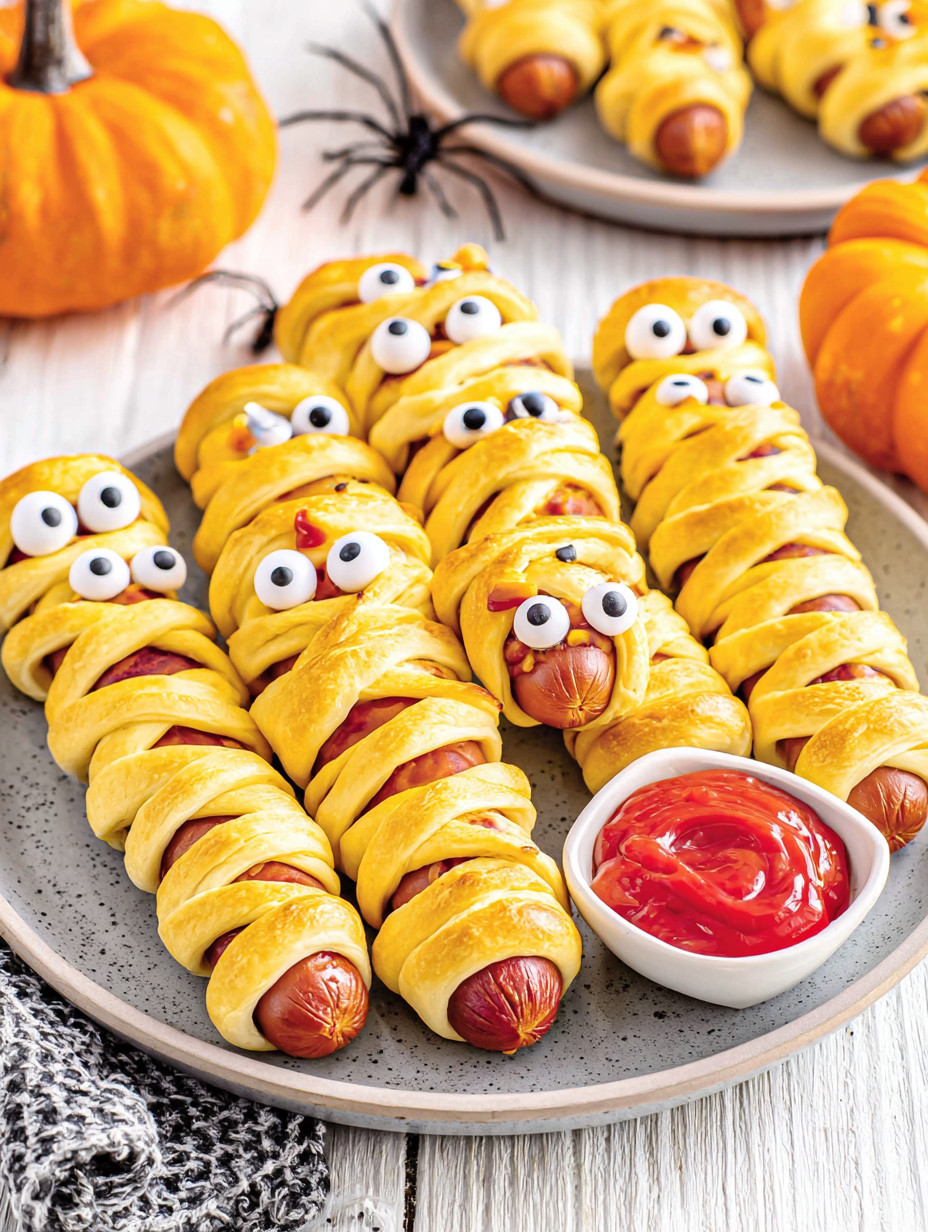 A plate of hot dogs with eyes on them.
