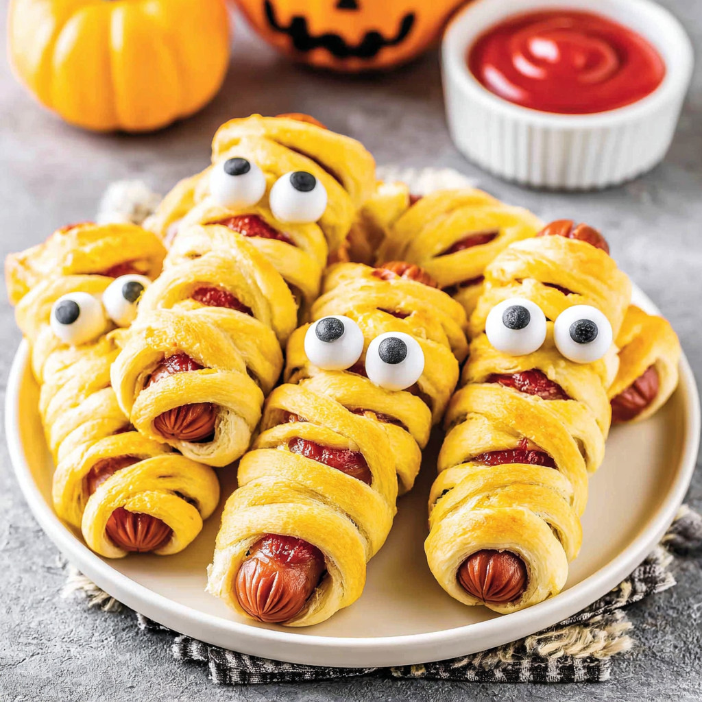 A plate of hot dogs with eyes and mustard.