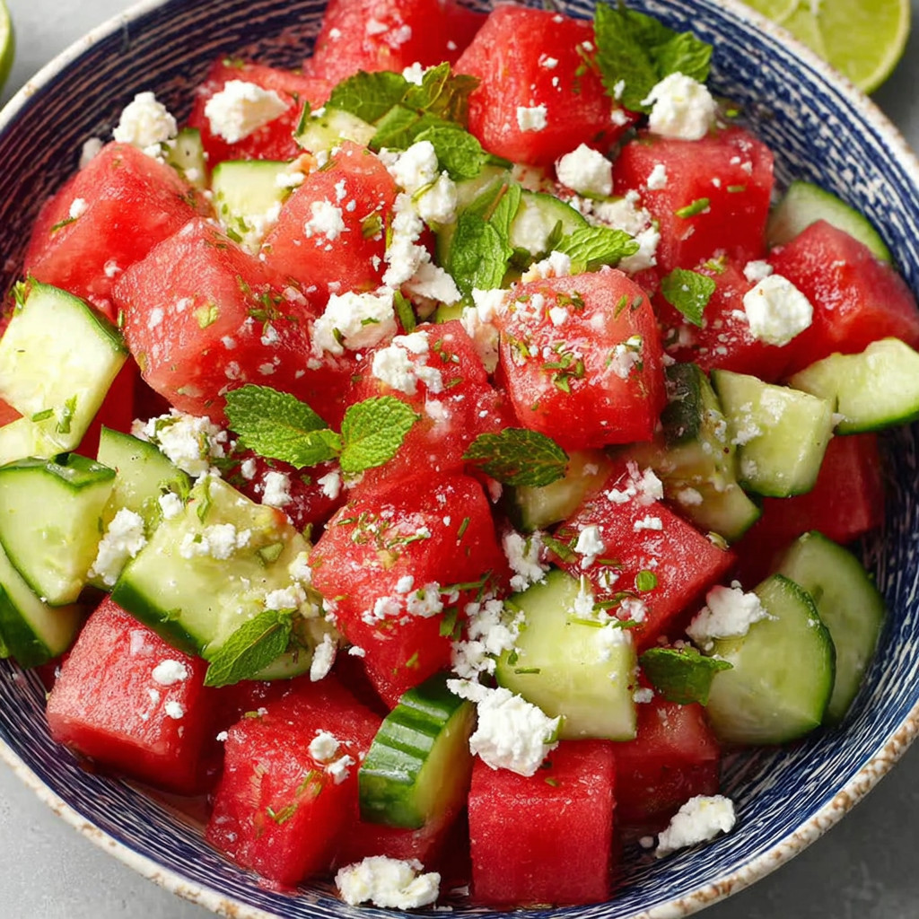 A bowl of watermelon with feta cheese and mint.