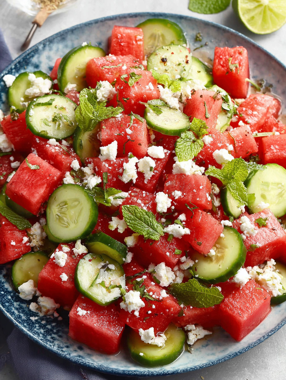 A bowl of watermelon and cucumbers.