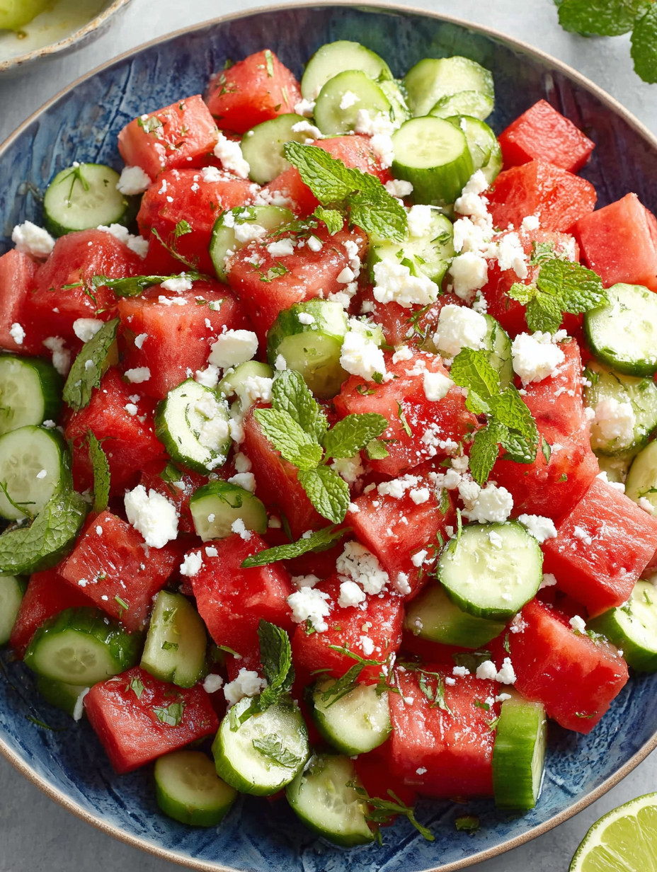 A bowl of watermelon and cucumber salad.