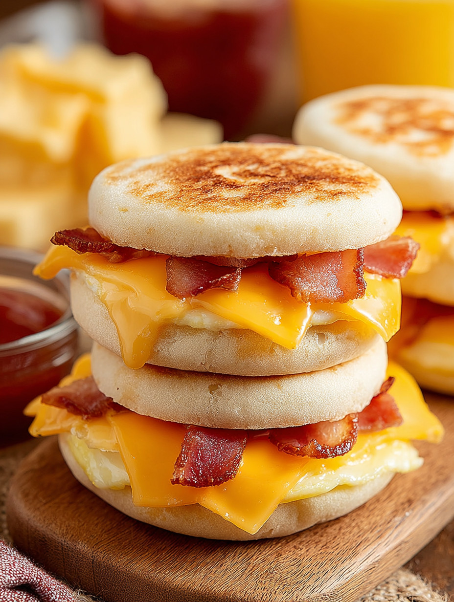 Bacon and cheese sandwich stacked on top of each other.