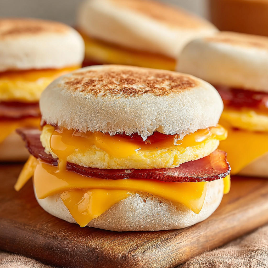 A breakfast sandwich with eggs, bacon, and cheese.