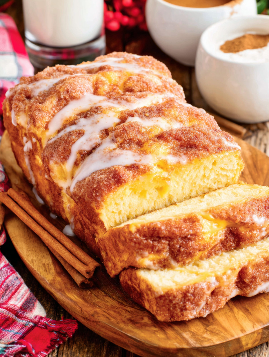 A slice of cinnamon roll on a wooden board.