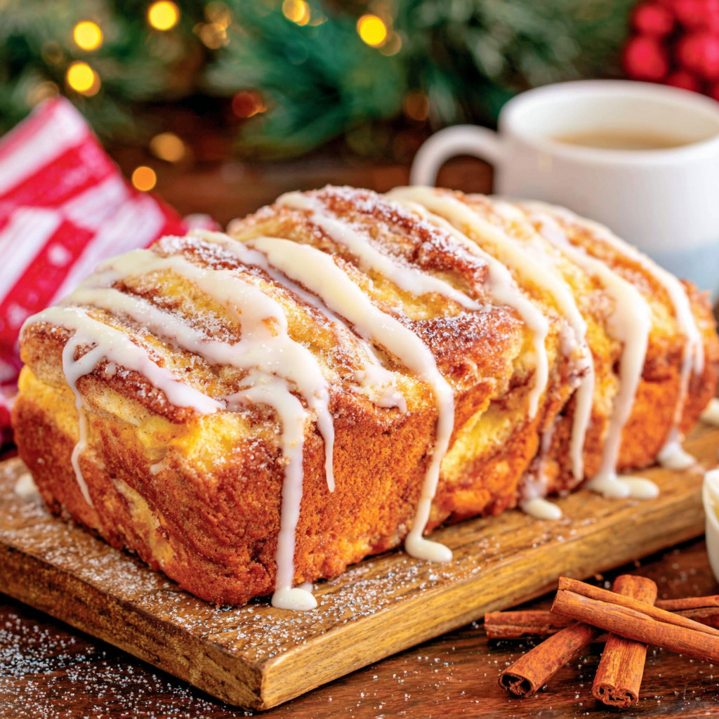 A loaf of bread with icing and cinnamon on top.