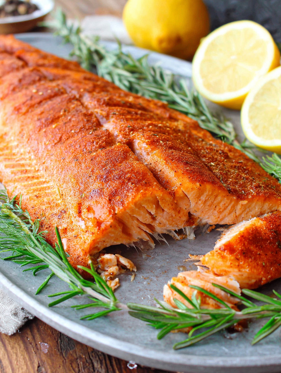 A piece of fish with lemon wedges on top.