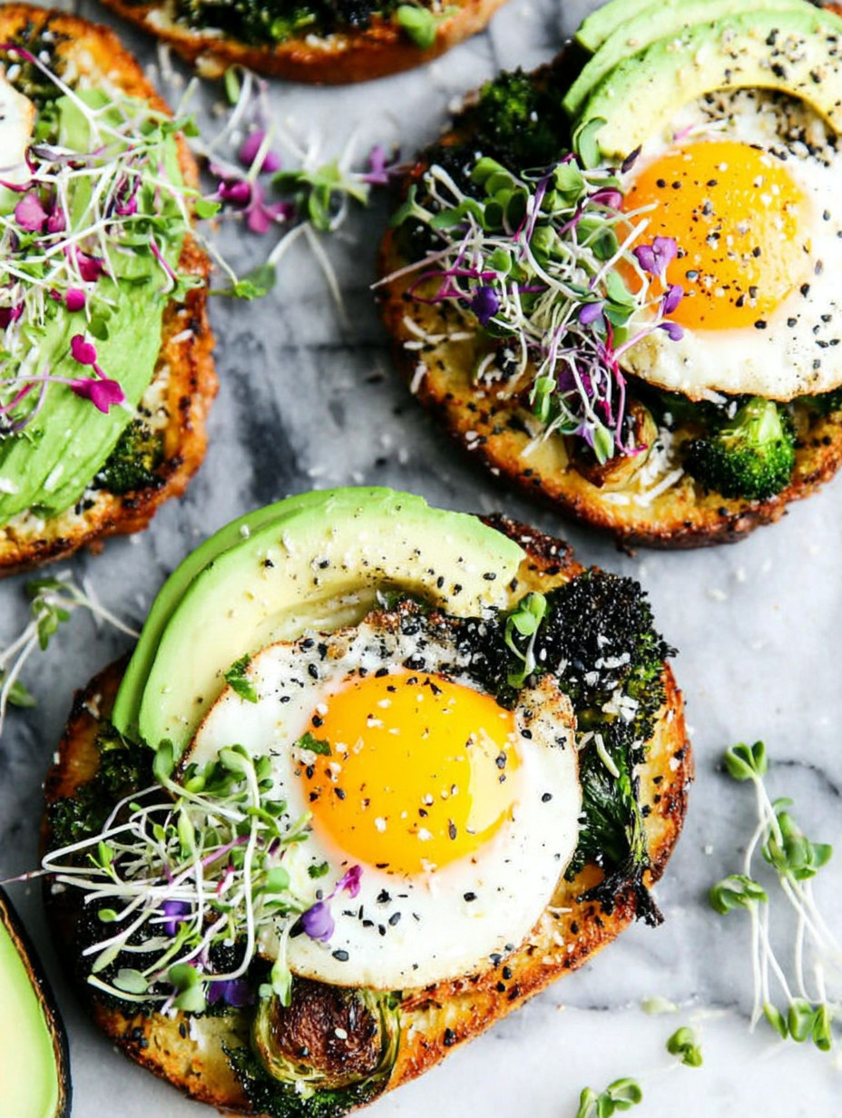 A close up of a breakfast sandwich with an egg and broccoli.