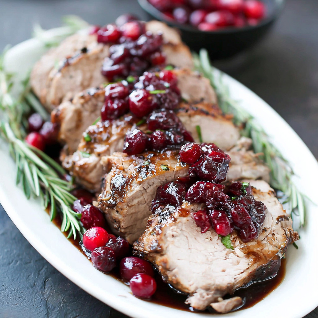 A plate of meat with cranberries on it.