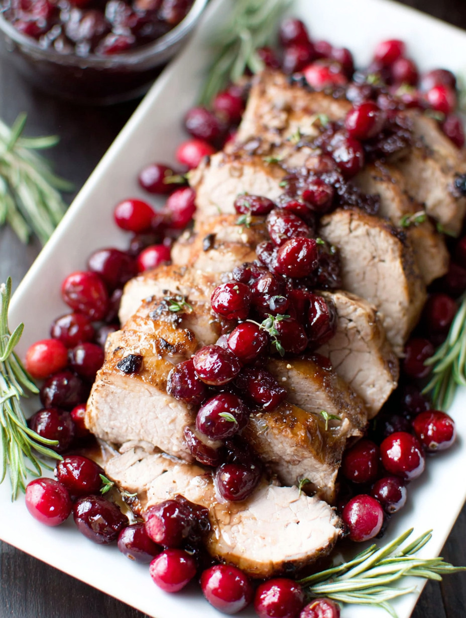 A plate of meat with cranberries on top.