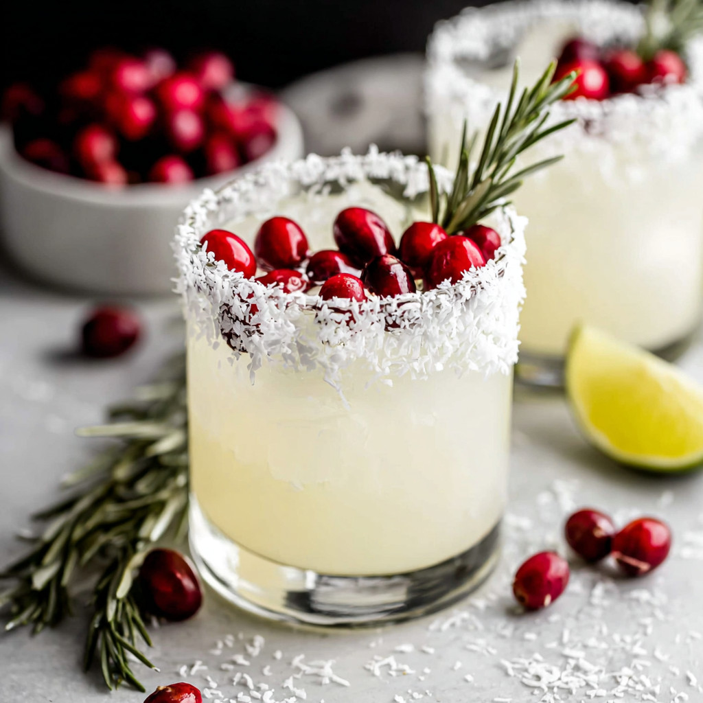 Two glasses of margarita with red berries on top.