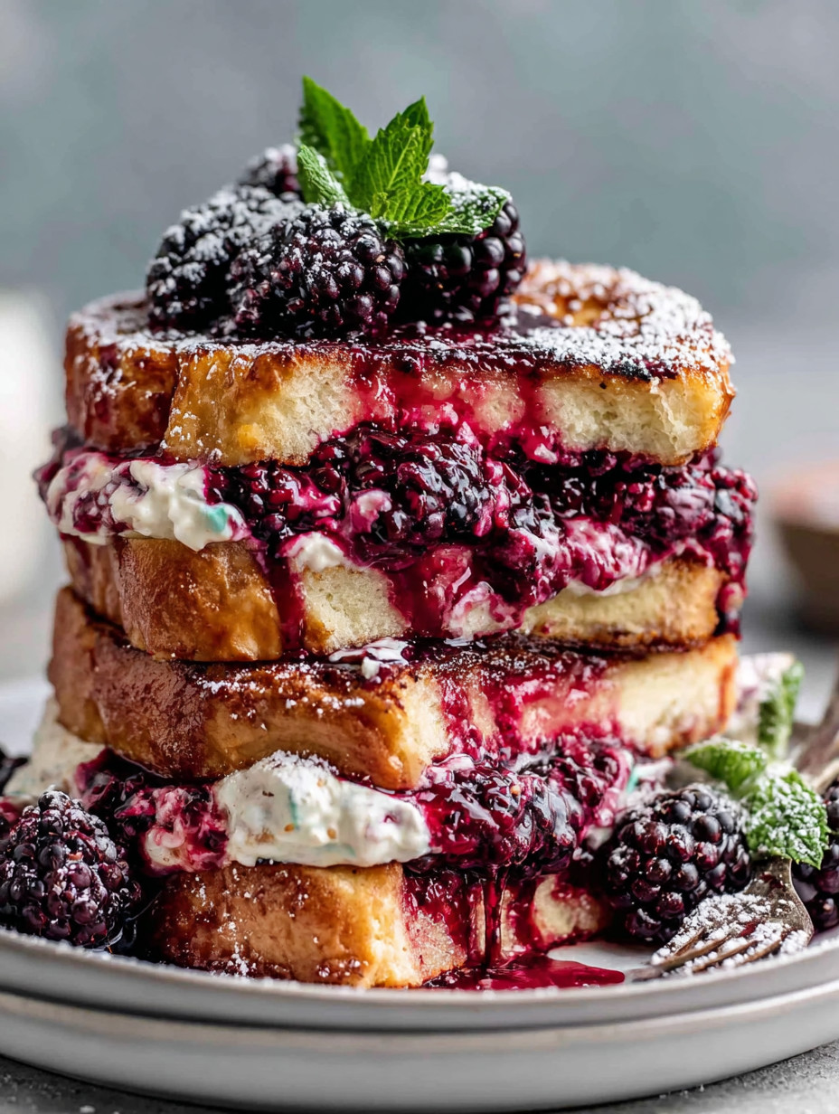 A stack of three sandwiches with berries on top.