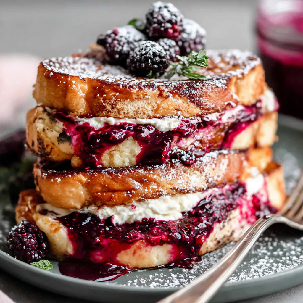 A stack of French toast with berries on top.