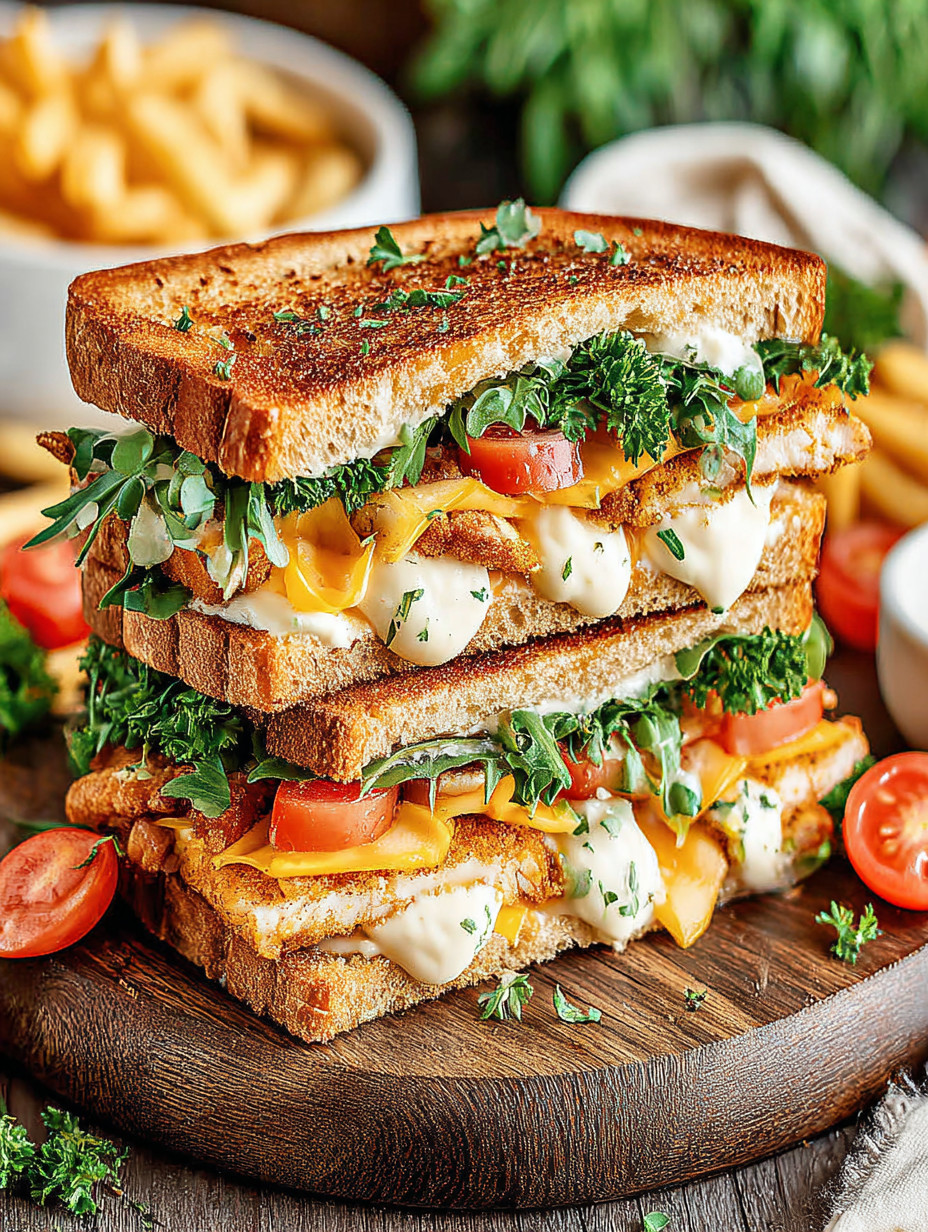 A sandwich with lettuce, tomato, and cheese.