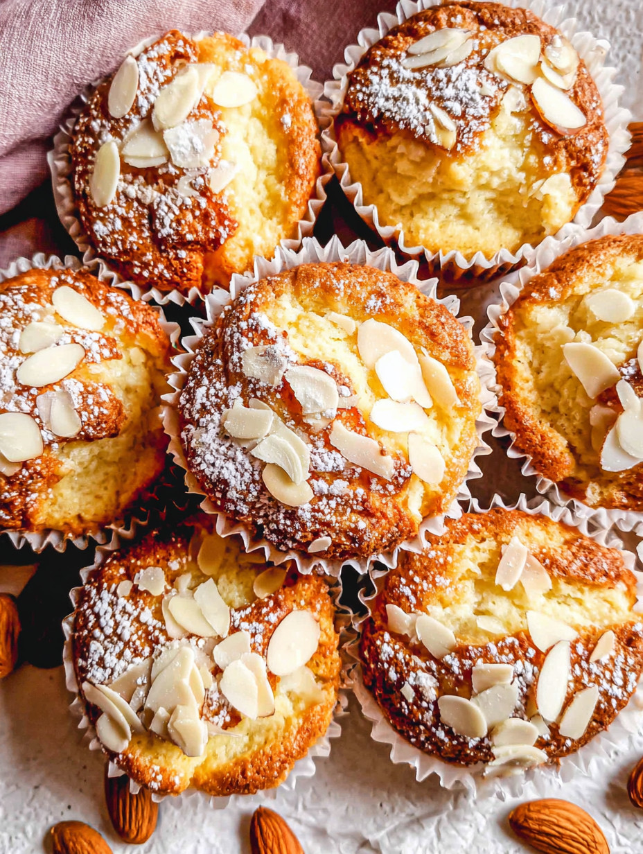 A plate of muffins with almonds on top.