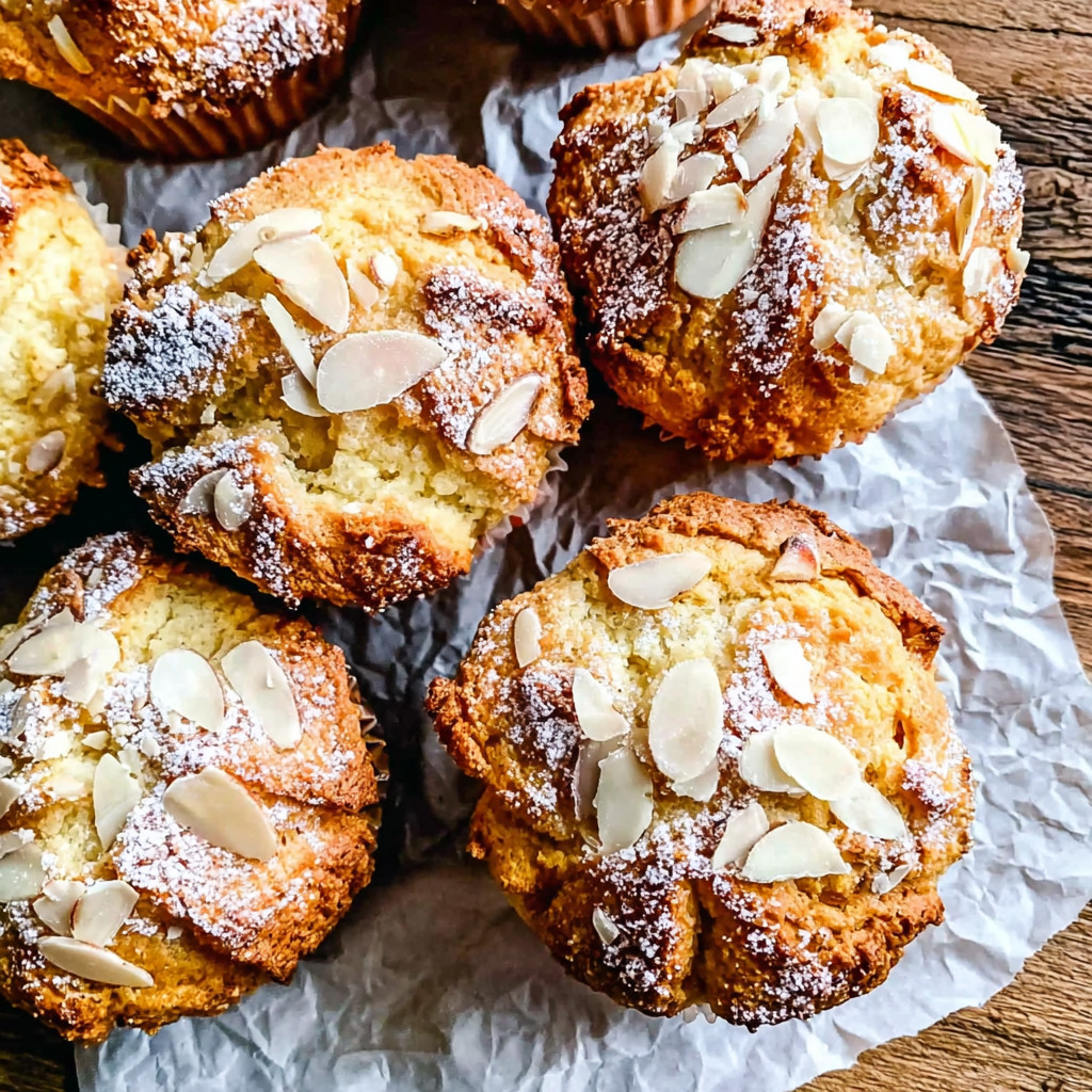 A plate of muffins with almonds on top.