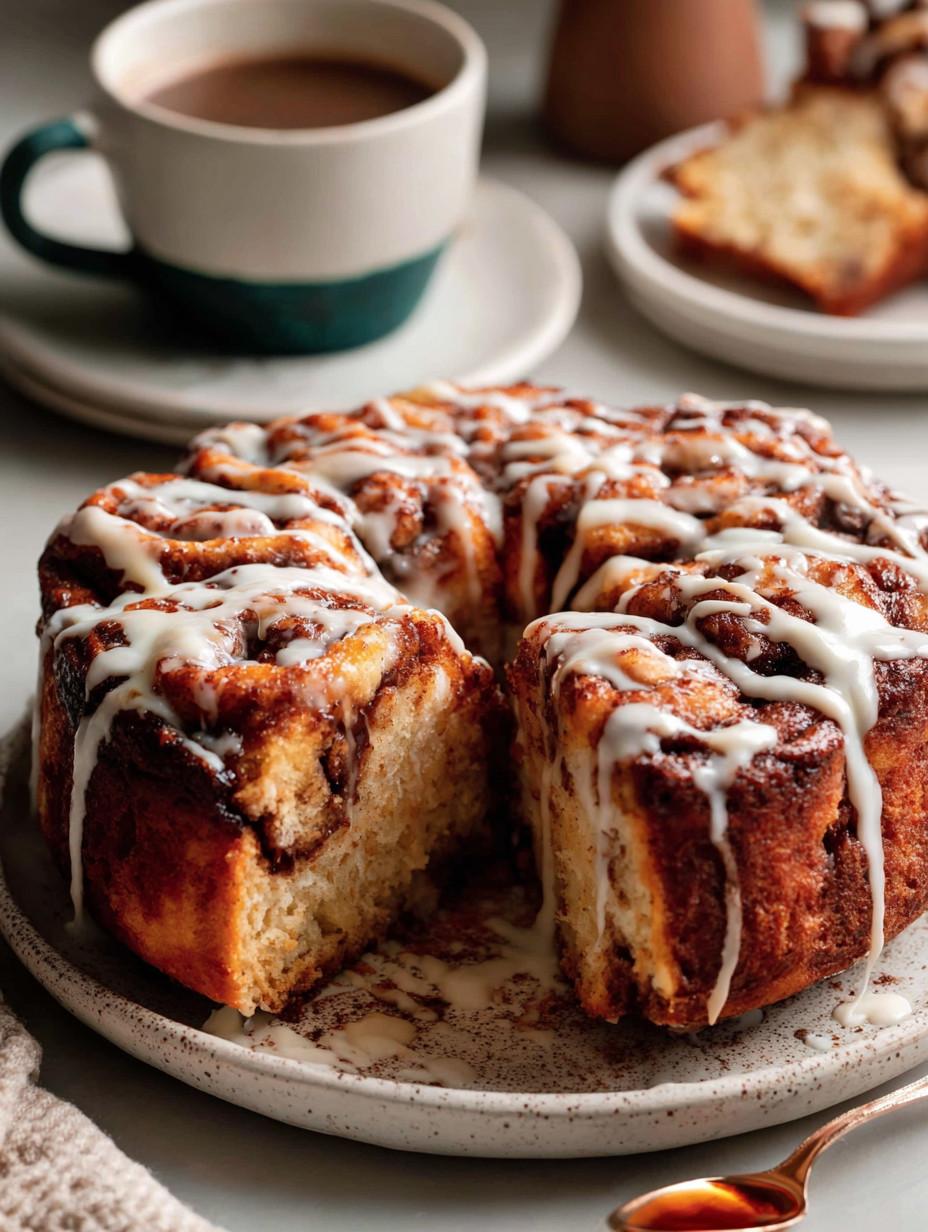 A slice of cinnamon roll with white icing.