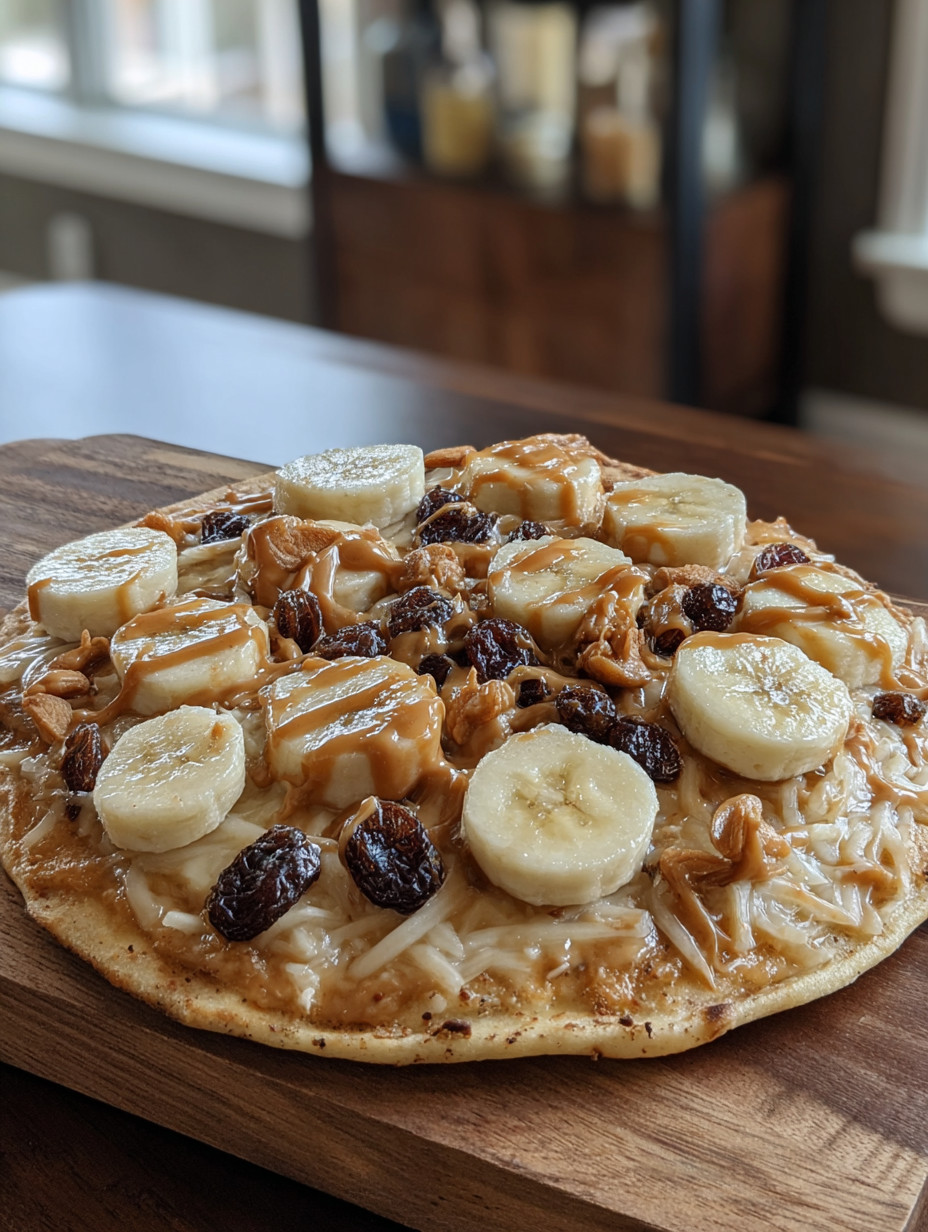 A pizza with bananas and raisins on top.